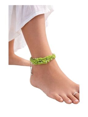 Vincero Green Beaded Anklet With Adjustable Chain & Silver Accents Summer Jewelr